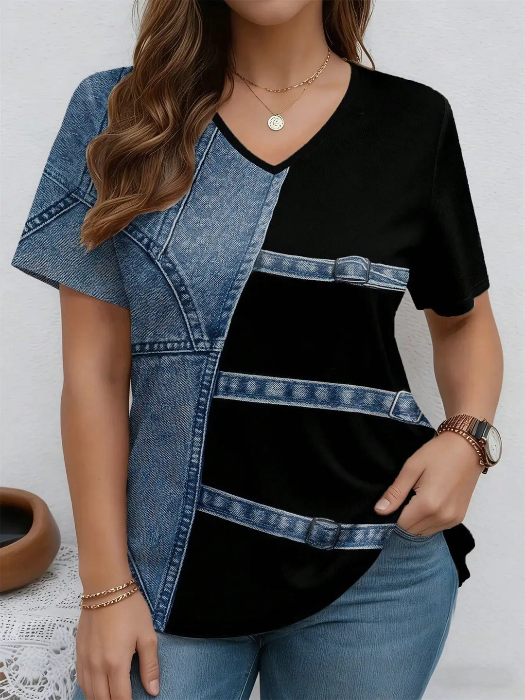 Patchwork Denim-Print Tee