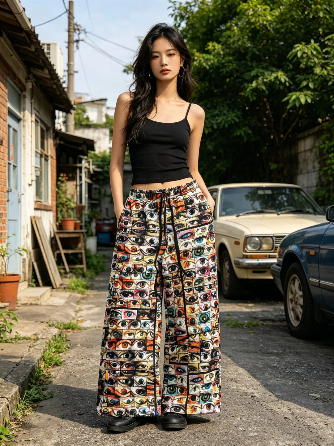 Iris Print Wide-Leg Pants