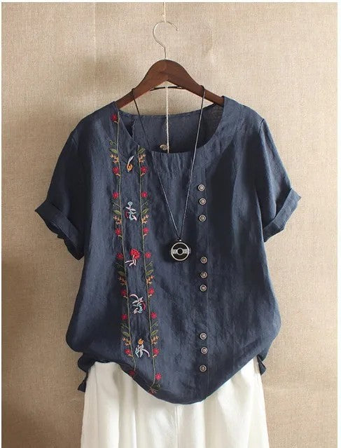 Ricamo Floral-Embroidered Linen Blouse