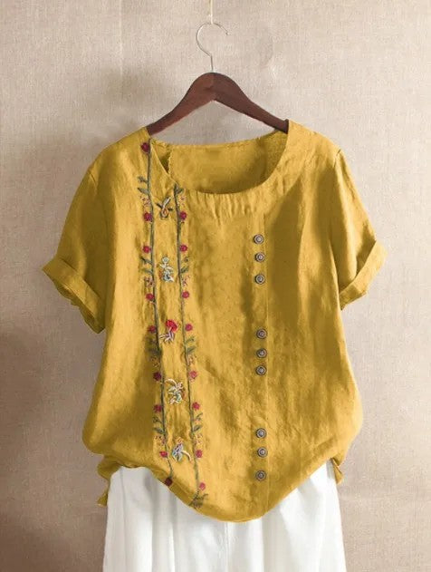 Ricamo Floral-Embroidered Linen Blouse