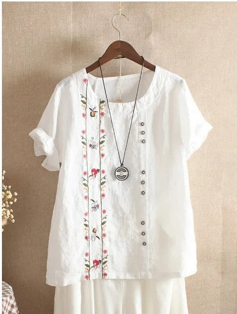 Ricamo Floral-Embroidered Linen Blouse