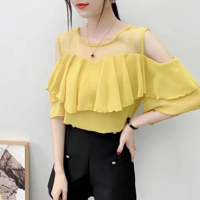 Volante Ruffle Cold-Shoulder Blouse
