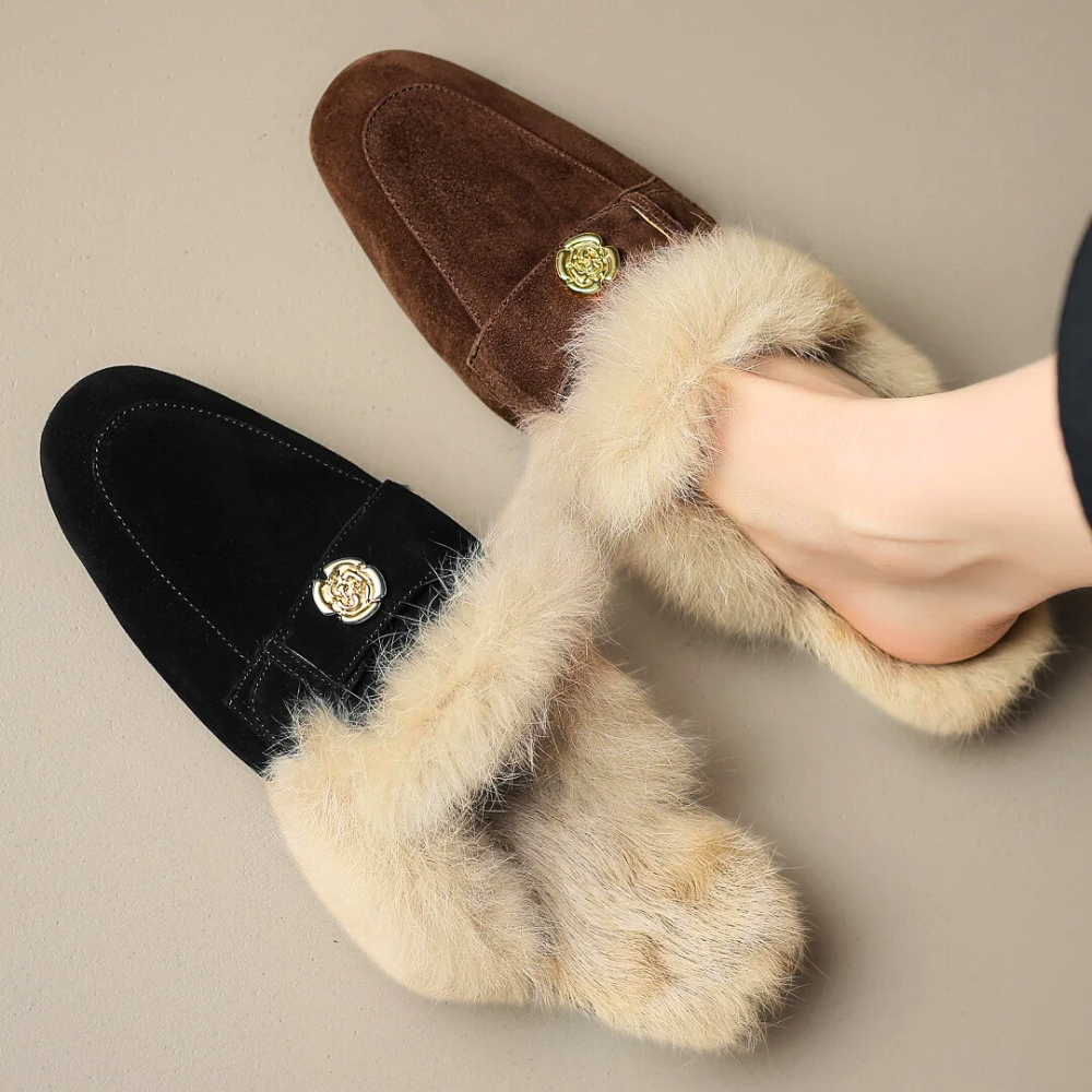 Camellia Suede Shearling Mules