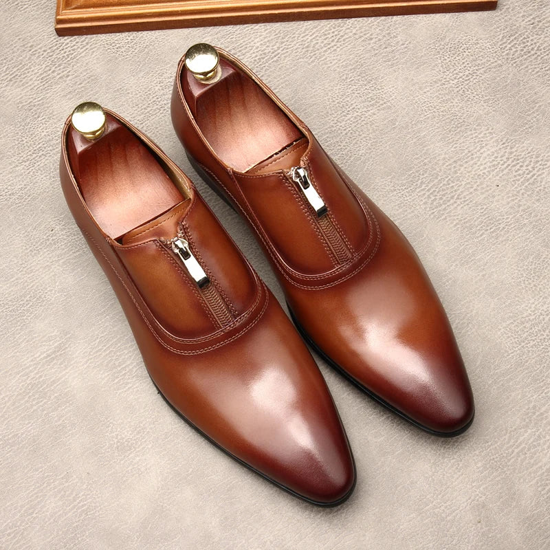 Lampo Zip-Front Leather Oxfords
