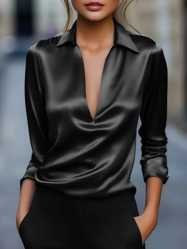 Serafina Draped V-Neck Satin Blouse