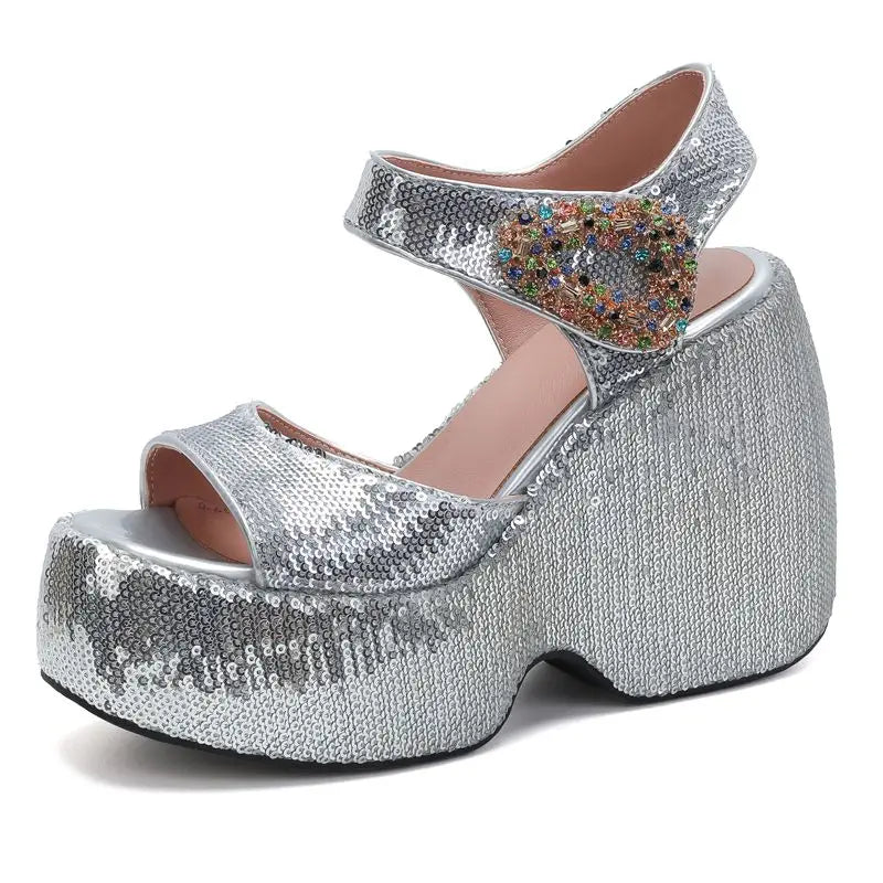 Scintilla Crystal-Buckle Platform Wedges