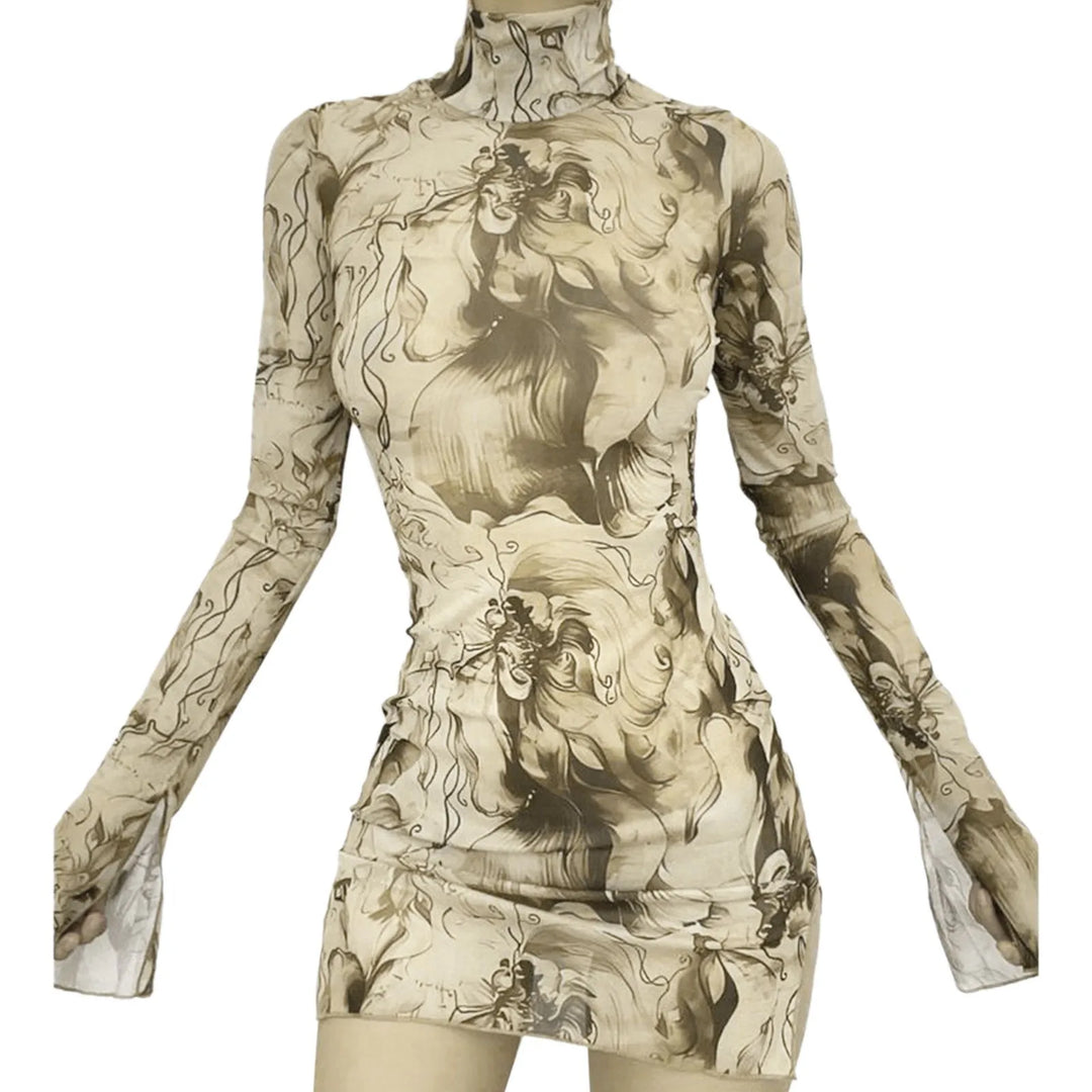 Acquerello Printed Mesh Turtleneck Mini Dress