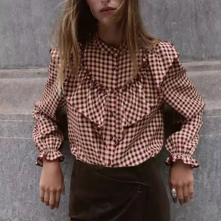 Montclair Ruffle Plaid Blouse