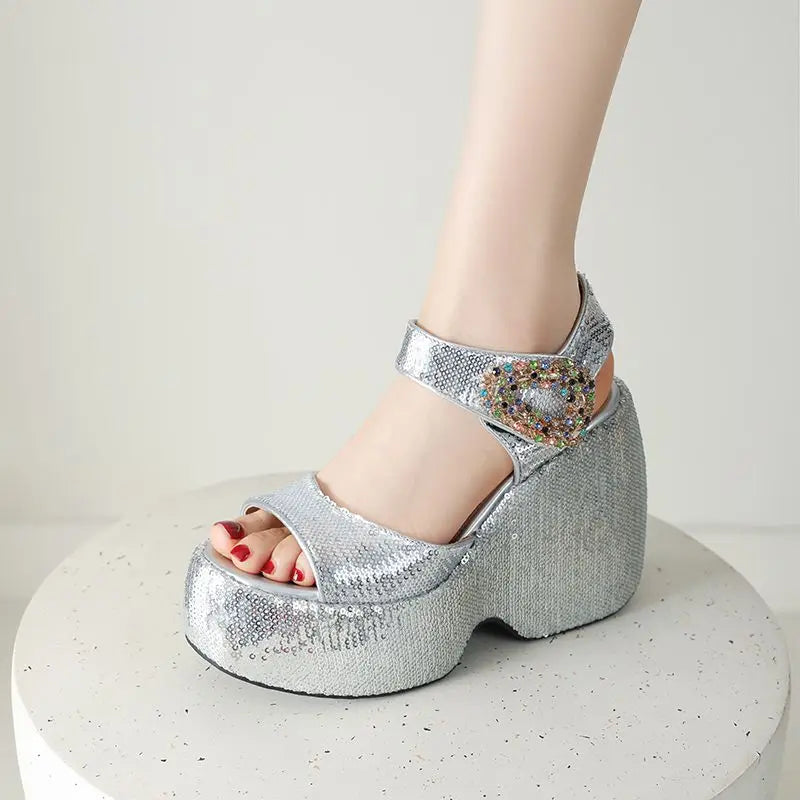 Scintilla Crystal-Buckle Platform Wedges