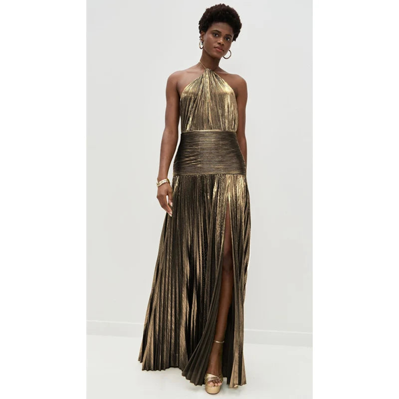 Olympia Metallic Halter Dress