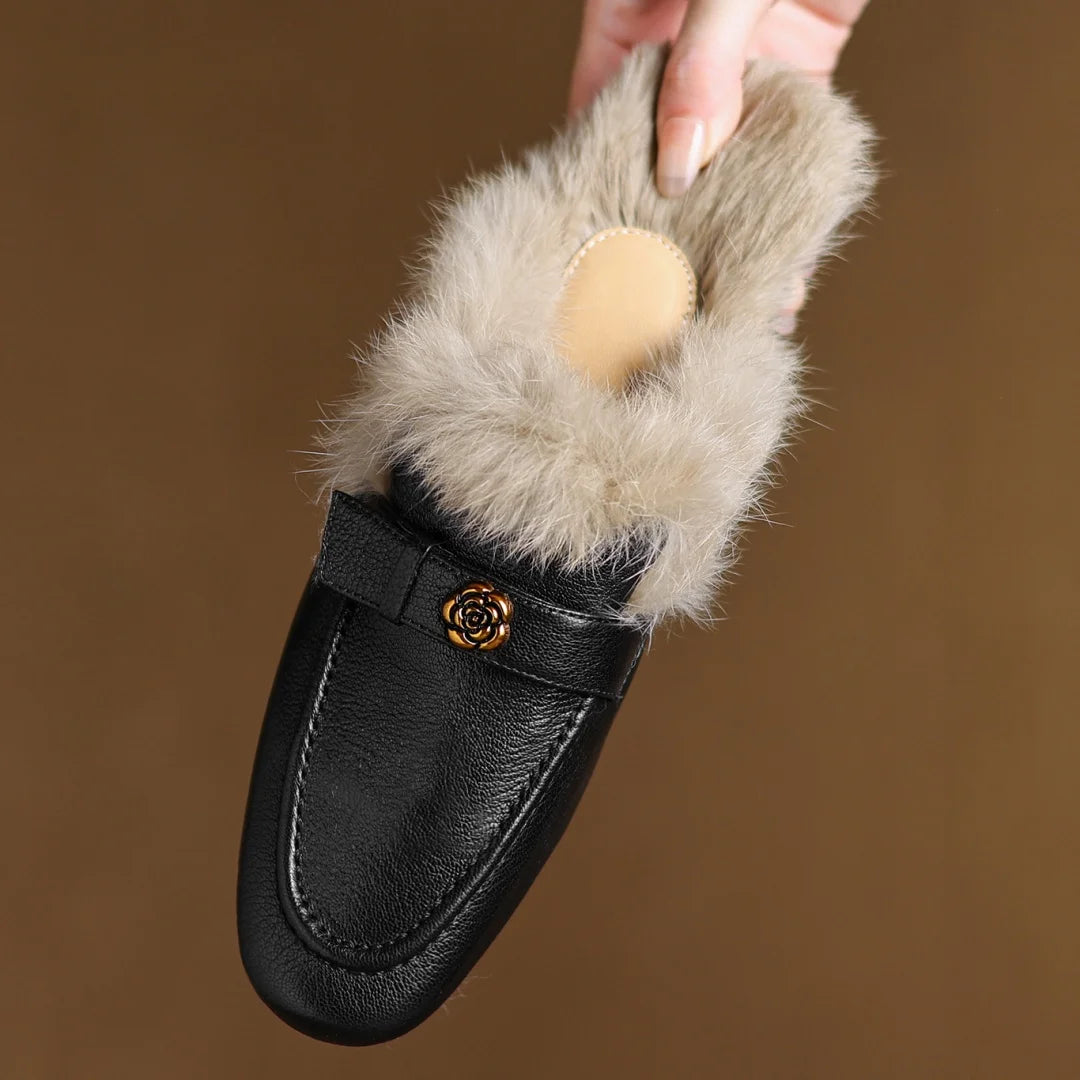 Camellia Leather Shearling Mules