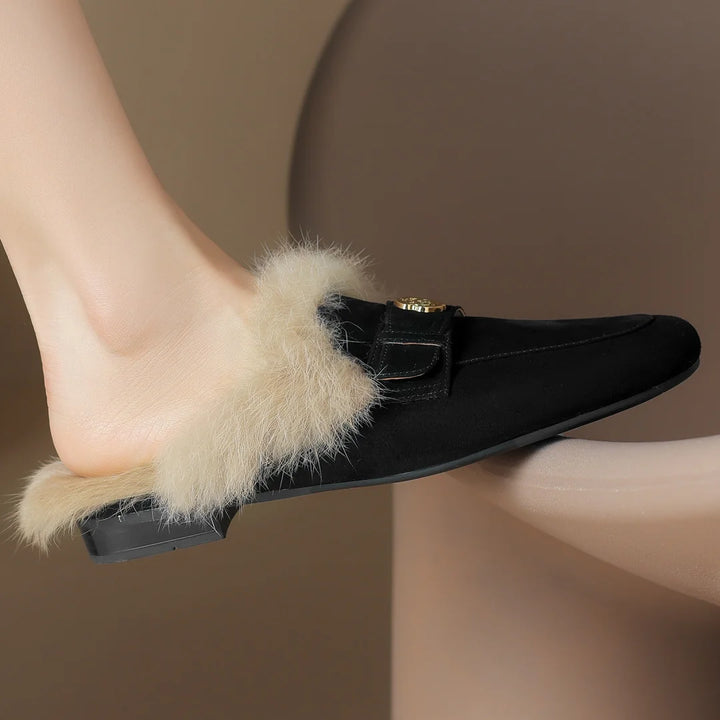 Camellia Suede Shearling Mules