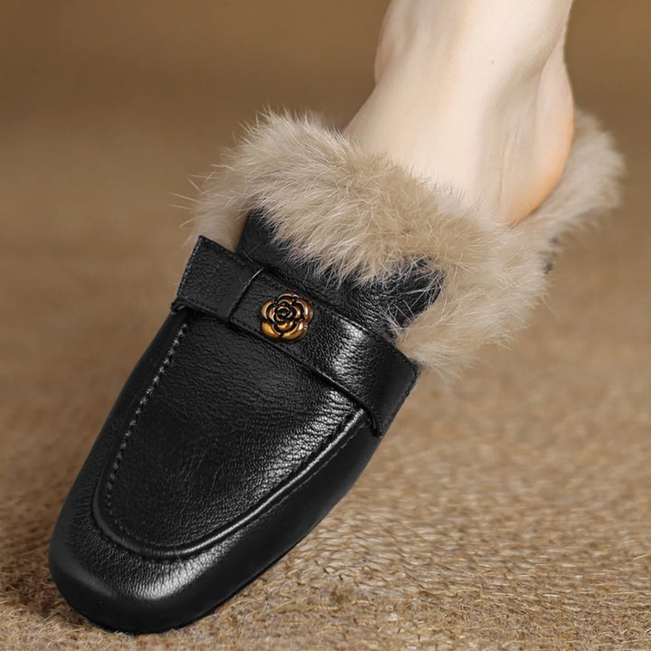 Camellia Leather Shearling Mules