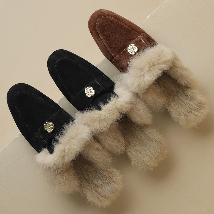 Camellia Suede Shearling Mules