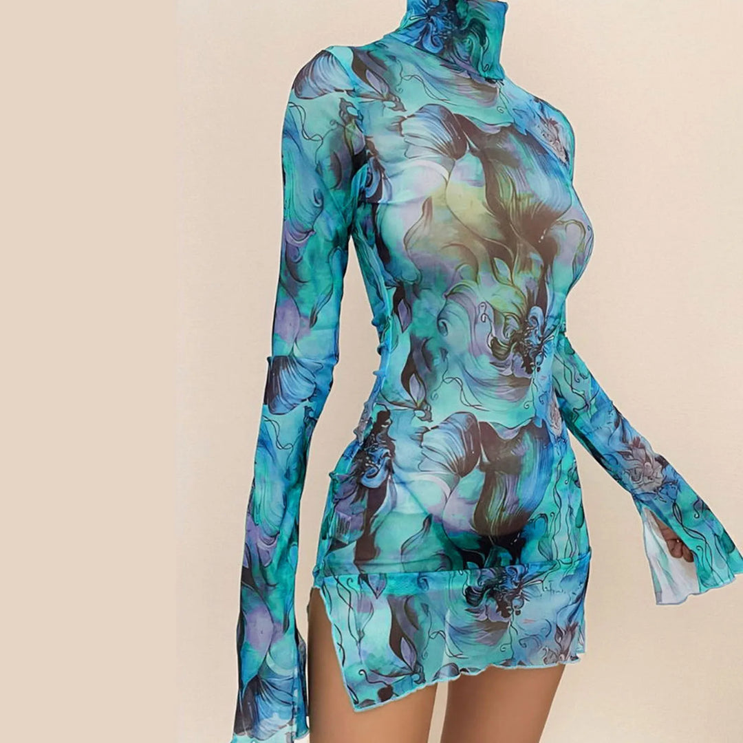 Acquerello Printed Mesh Turtleneck Mini Dress