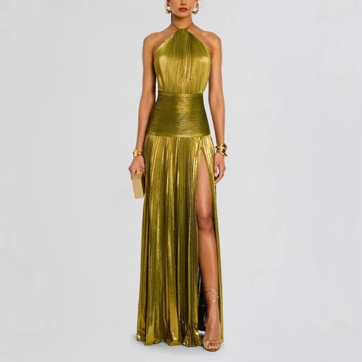 Olympia Metallic Halter Dress