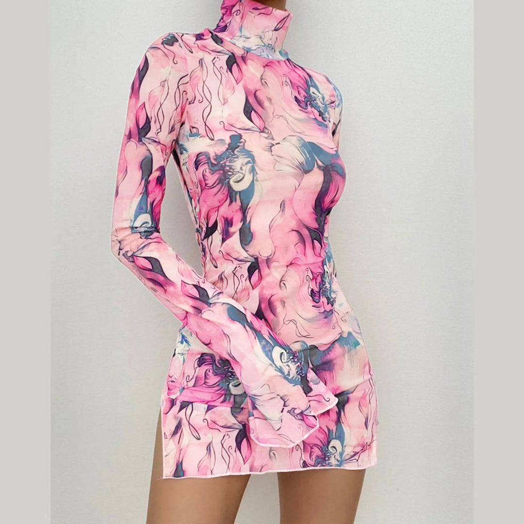 Acquerello Printed Mesh Turtleneck Mini Dress