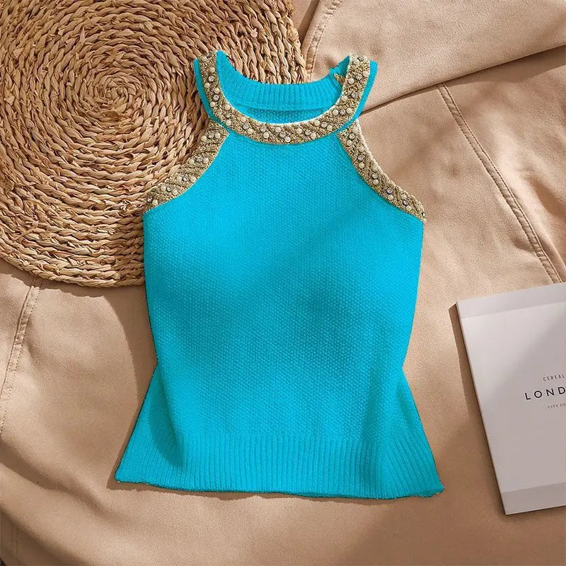 Perlina Beaded Halter Knit Top