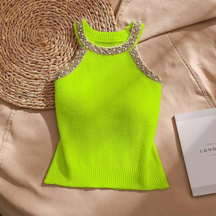Perlina Beaded Halter Knit Top