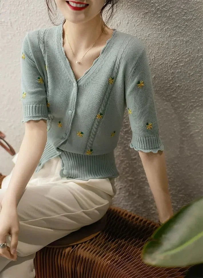 Roselle Embroidered V-Neck Cardigan