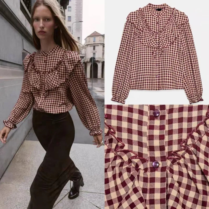 Montclair Ruffle Plaid Blouse
