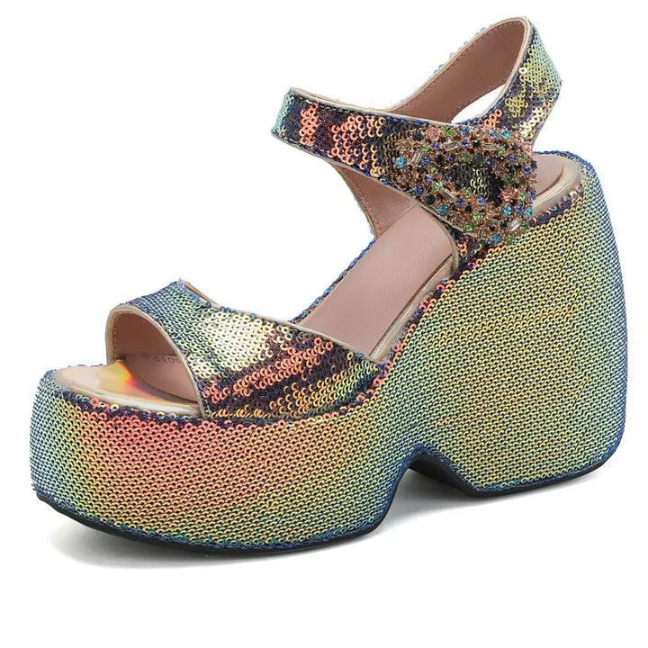 Scintilla Crystal-Buckle Platform Wedges