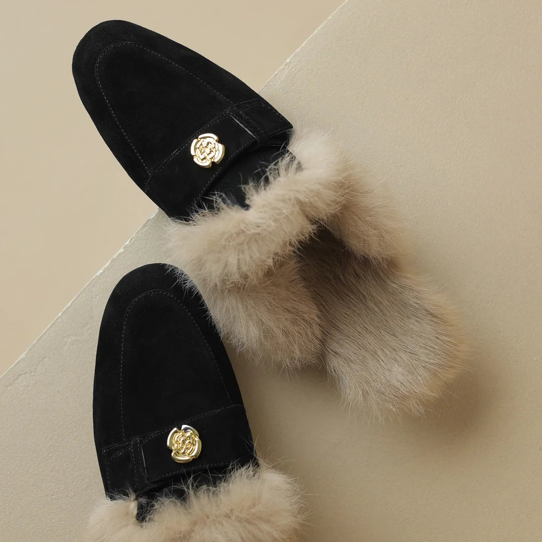 Camellia Suede Shearling Mules