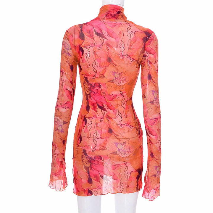 Acquerello Printed Mesh Turtleneck Mini Dress