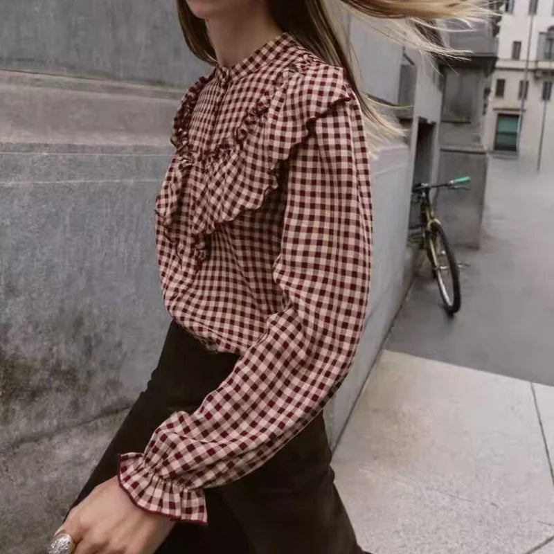 Montclair Ruffle Plaid Blouse
