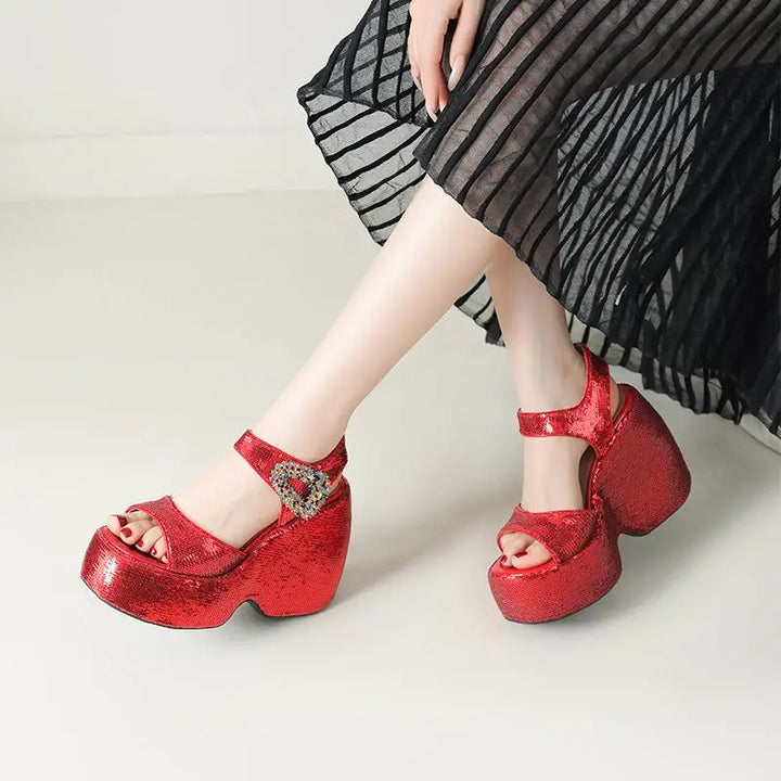 Scintilla Crystal-Buckle Platform Wedges
