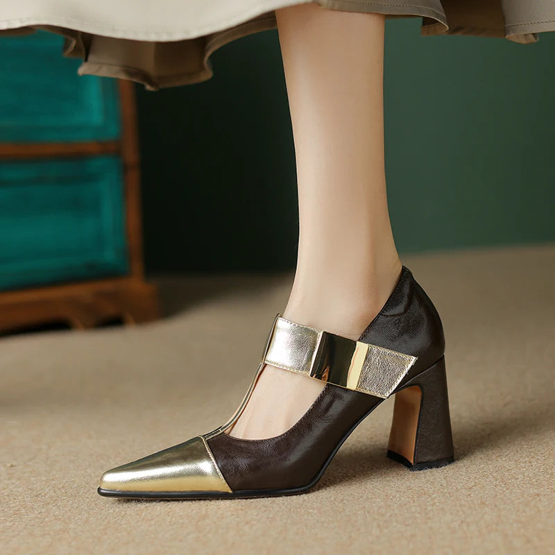 Fibbiona Gold-Buckle T-Strap Mary Janes