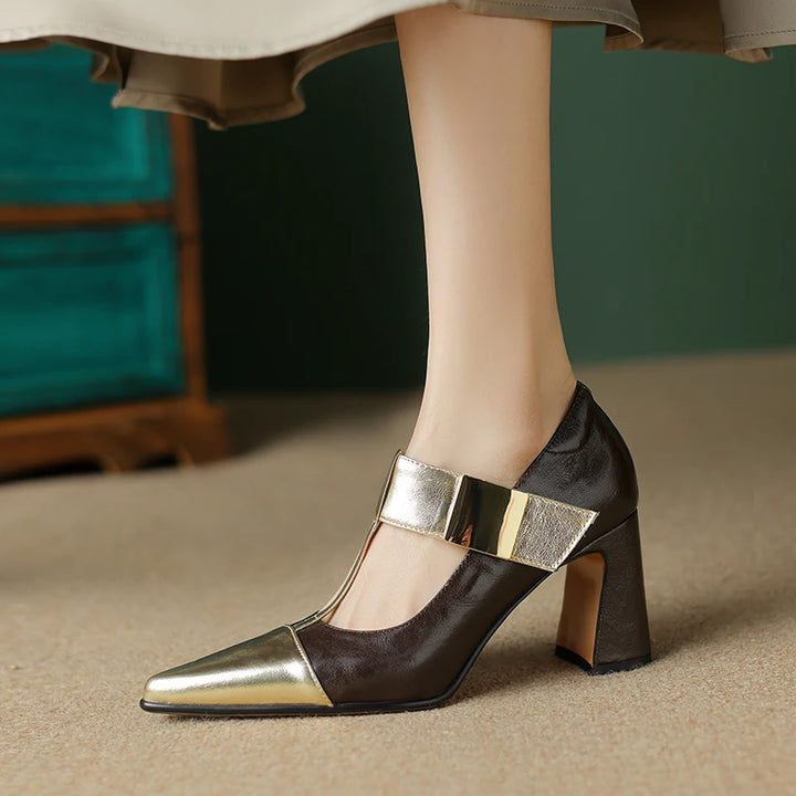 Fibbiona Gold-Buckle T-Strap Mary Janes