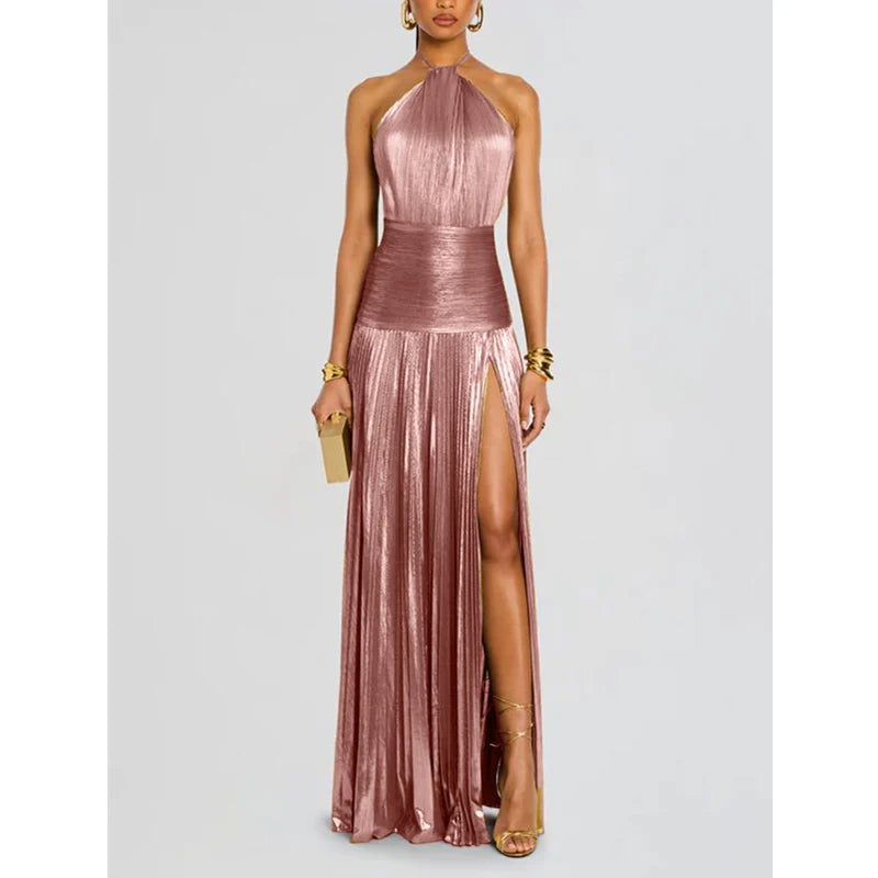 Olympia Metallic Halter Dress