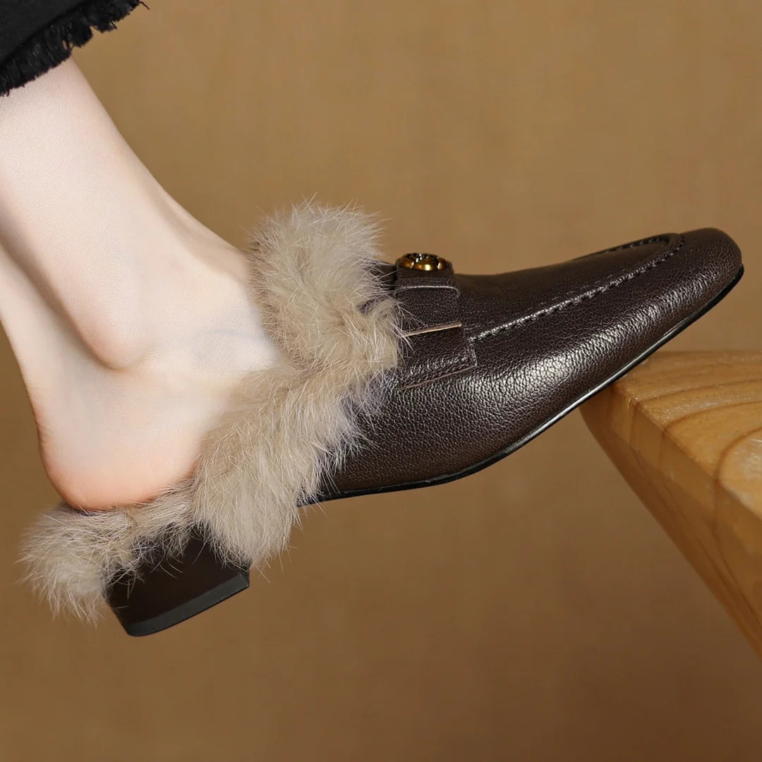 Camellia Leather Shearling Mules