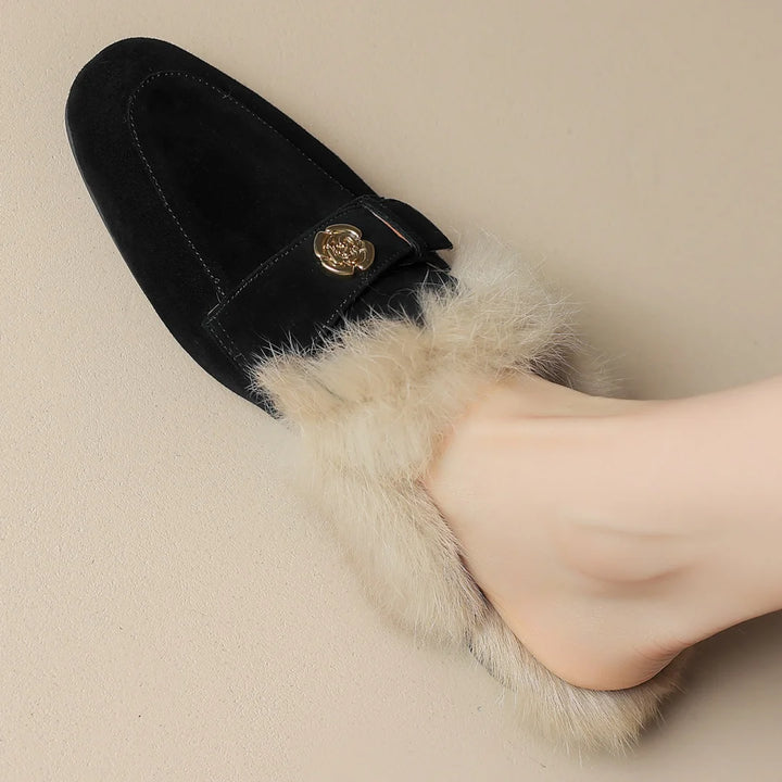 Camellia Suede Shearling Mules