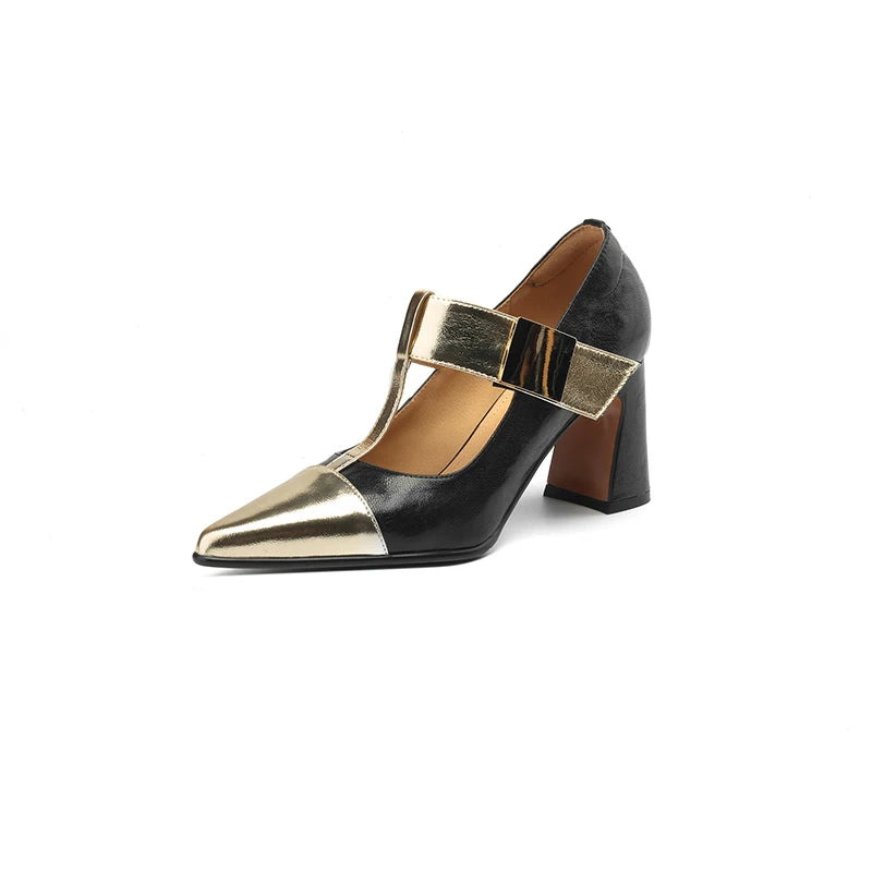 Fibbiona Gold-Buckle T-Strap Mary Janes