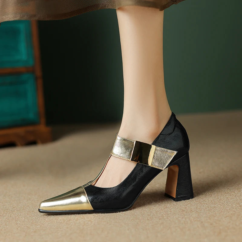 Fibbiona Gold-Buckle T-Strap Mary Janes