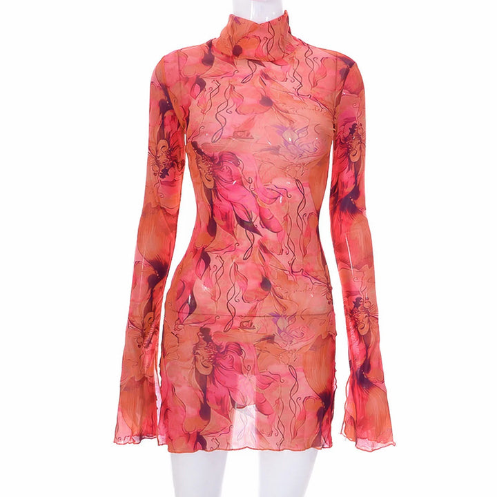 Acquerello Printed Mesh Turtleneck Mini Dress