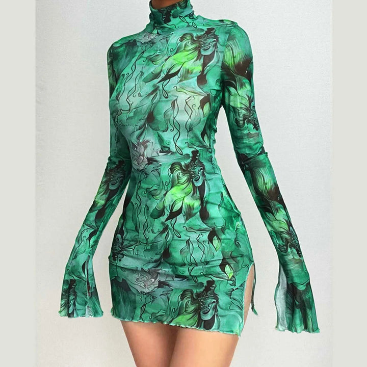 Acquerello Printed Mesh Turtleneck Mini Dress