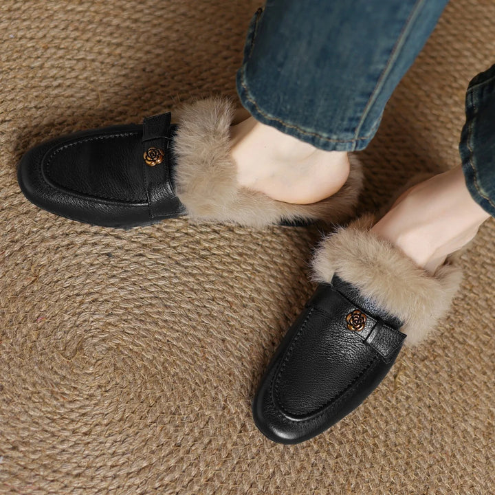 Camellia Leather Shearling Mules