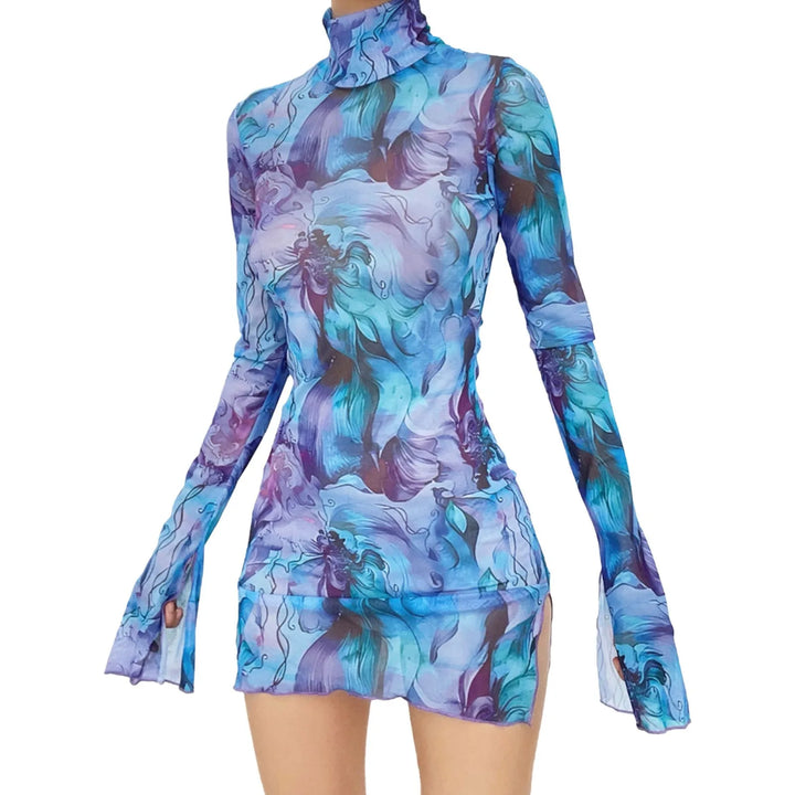 Acquerello Printed Mesh Turtleneck Mini Dress
