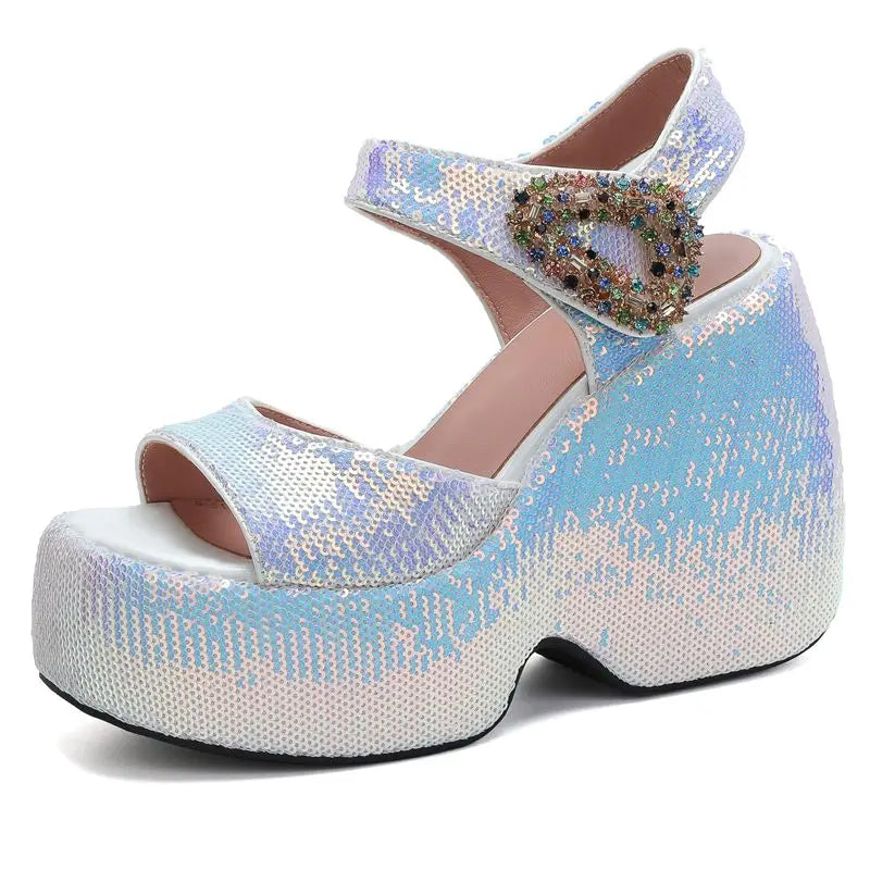 Scintilla Crystal-Buckle Platform Wedges
