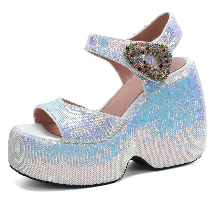 Scintilla Crystal-Buckle Platform Wedges
