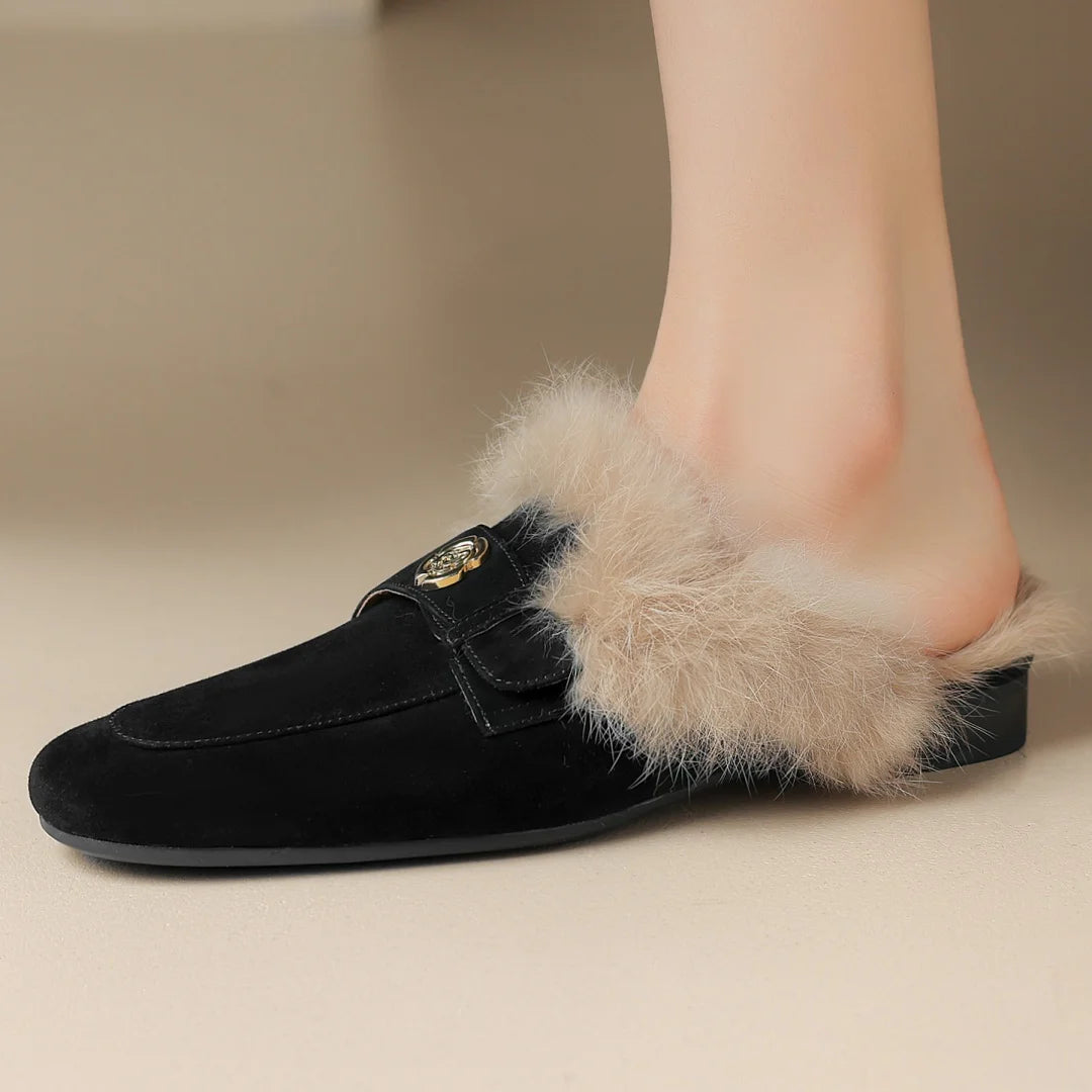 Camellia Suede Shearling Mules