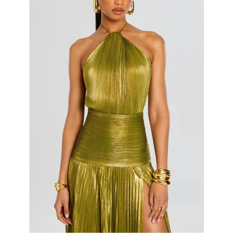 Olympia Metallic Halter Dress