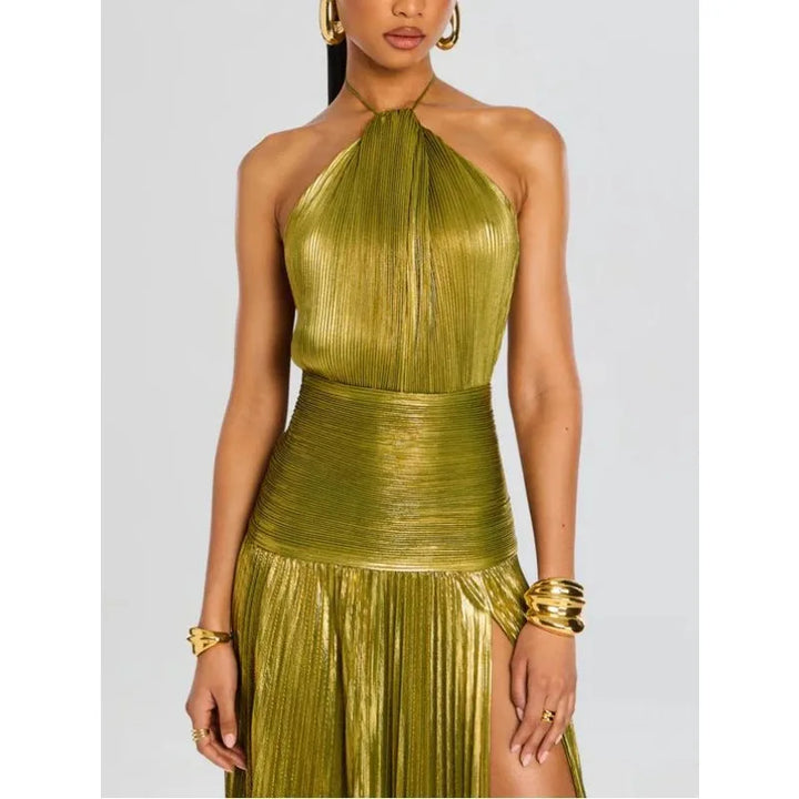 Olympia Metallic Halter Dress