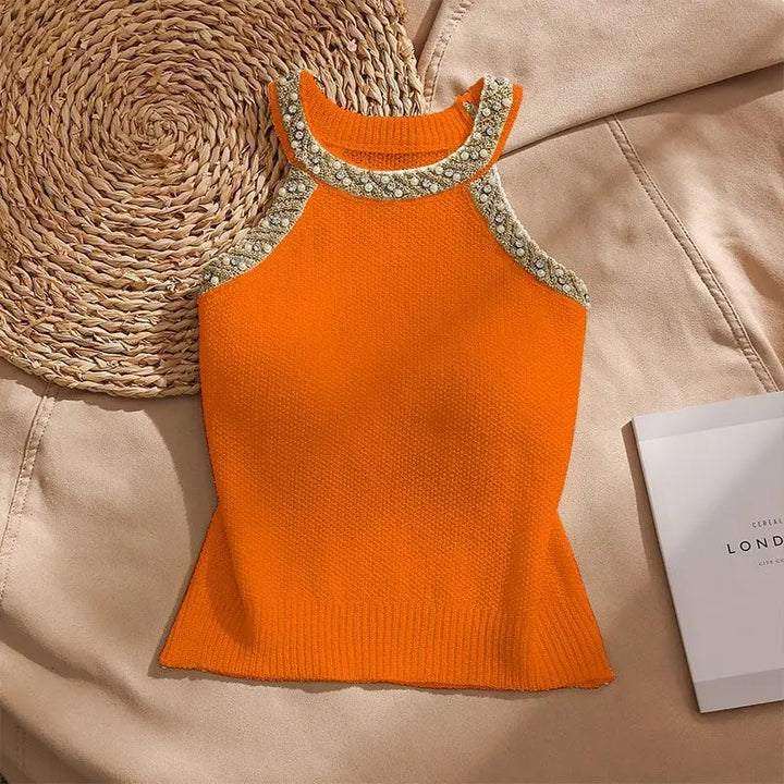 Perlina Beaded Halter Knit Top