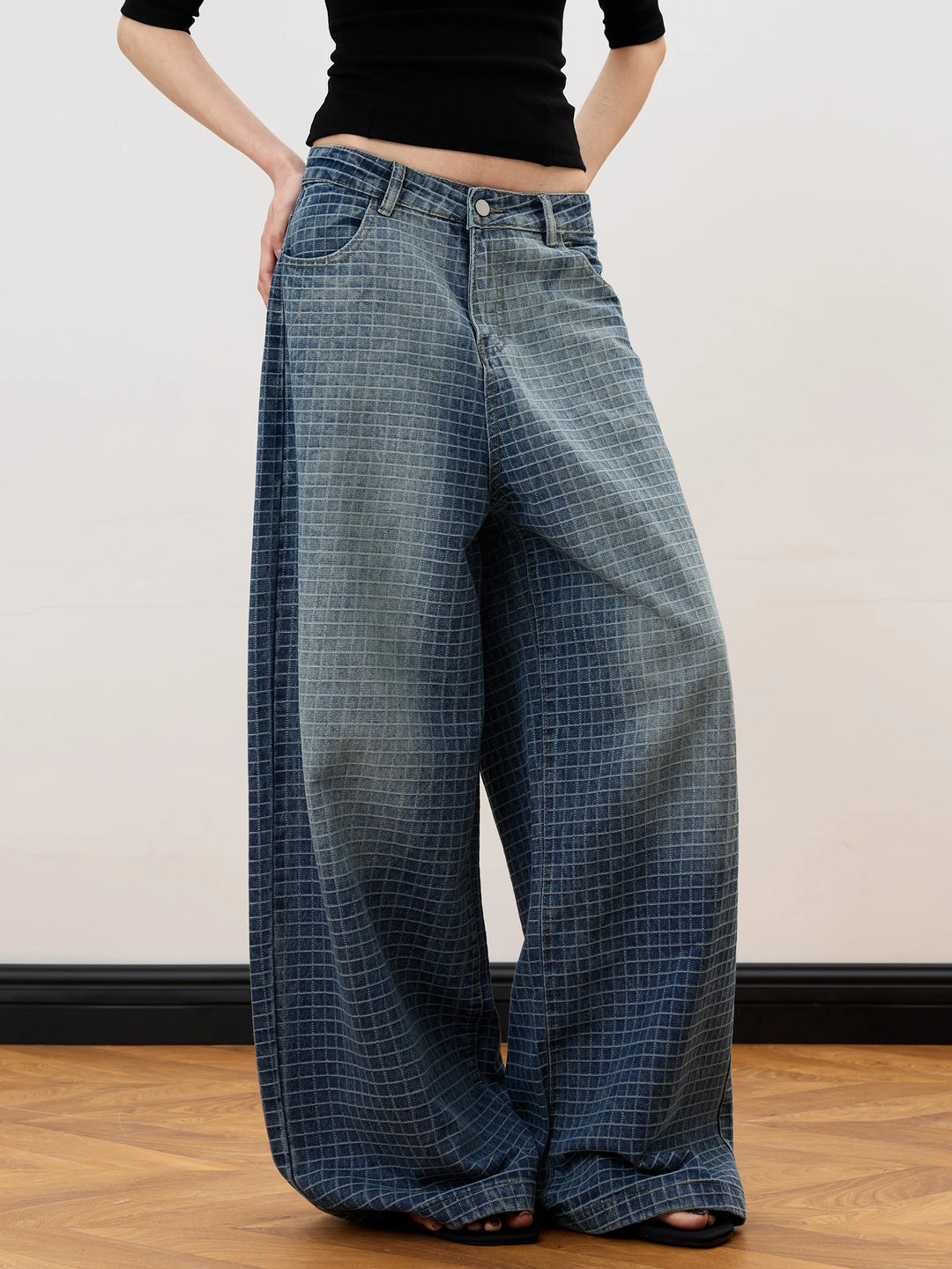 Quadretto Plaid Wide-Leg Jeans
