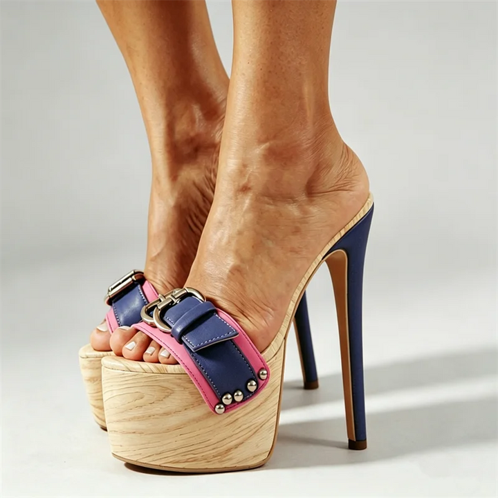 Venatura Wood-Platform Buckle Mules