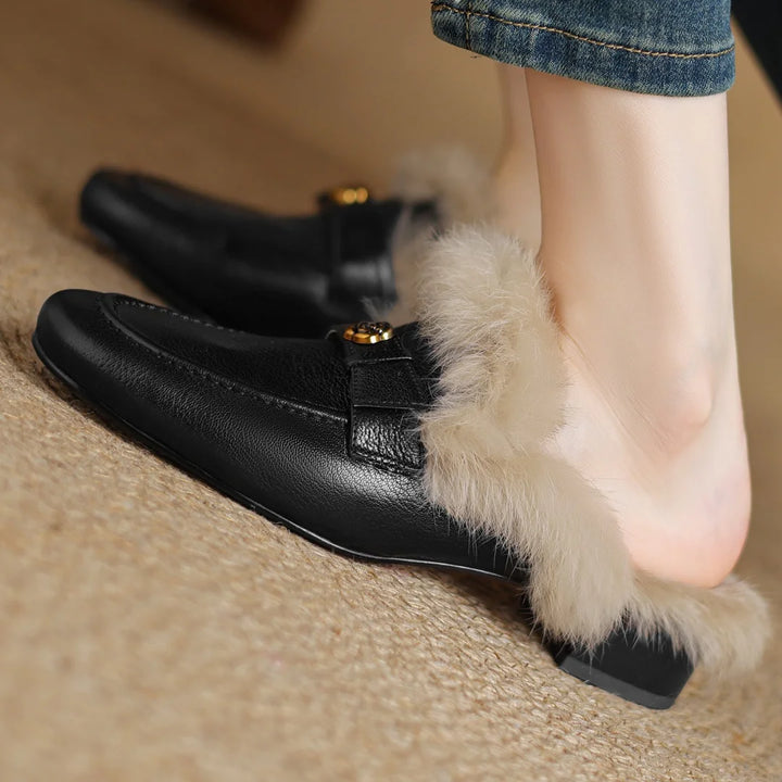 Camellia Leather Shearling Mules